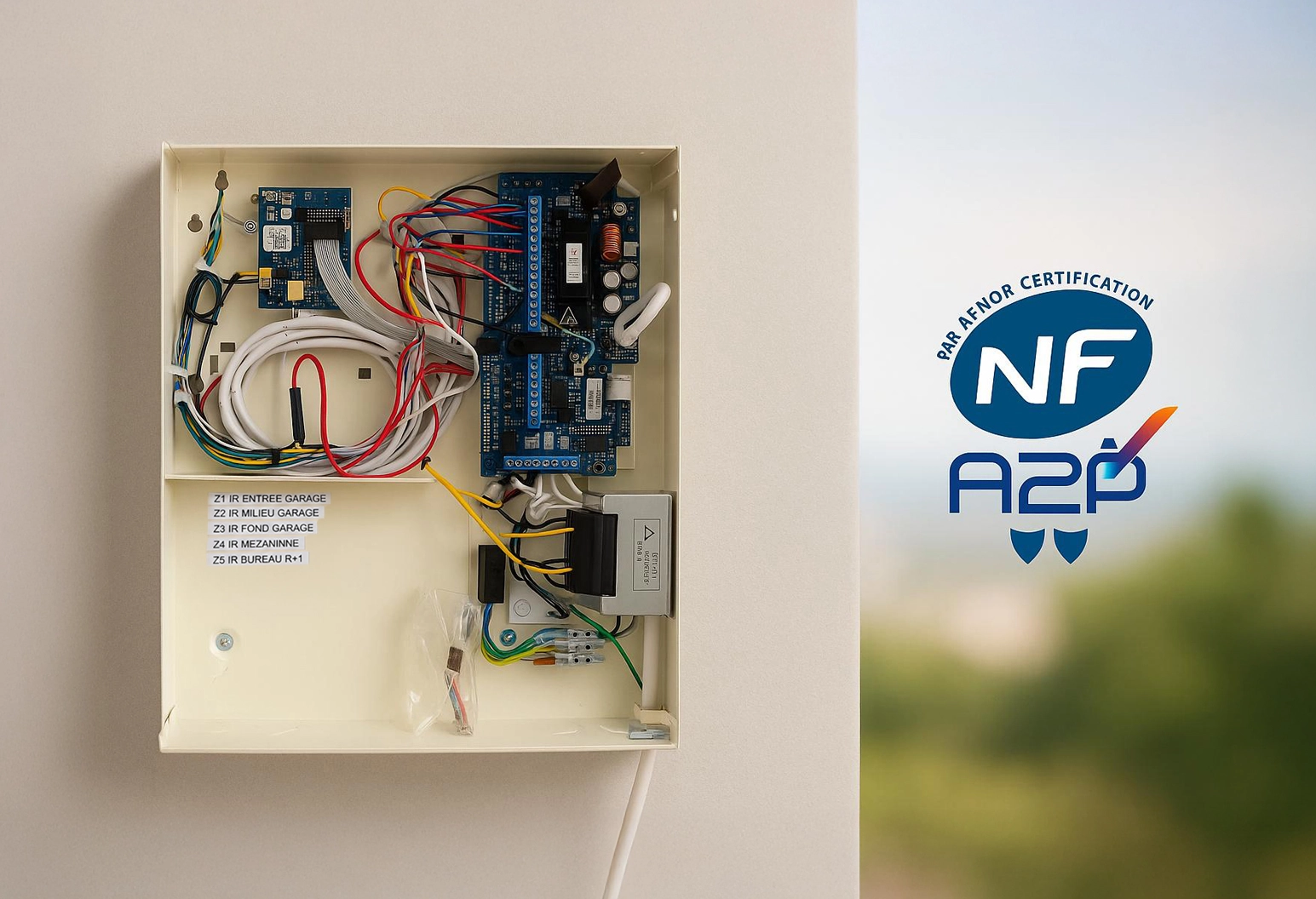 Boîtier électrique beige ouvert, fixé au mur, contenant un câblage ordonné, des cartes électroniques et un transformateur, avec des étiquettes indiquant les raccordements des zones correspondant au garage et au bureau.