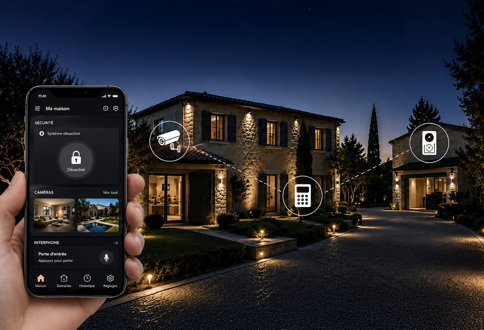 Une main tient un smartphone affichant une application de sécurité domestique ; l'écran présente l'état du système (désactivé), les flux vidéo des caméras et une fonction d'interphone, le tout sur un arrière-plan nocturne montrant une maison moderne bien éclairée, avec des icônes mettant en évidence les caméras de sécurité et le clavier de verrouillage de la propriété.