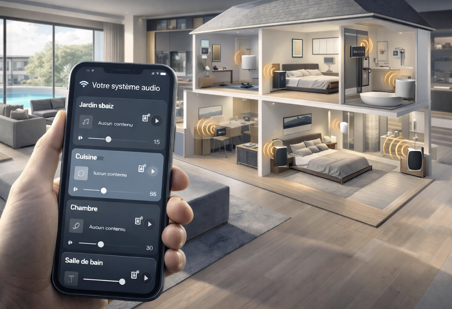 Une main tient un smartphone affichant une application de contrôle audio domestique — avec des noms de pièces en français et des curseurs de volume — devant une maquette en coupe tridimensionnelle d'une maison moderne comportant plusieurs pièces et des enceintes signalées par des icônes d'ondes sonores.