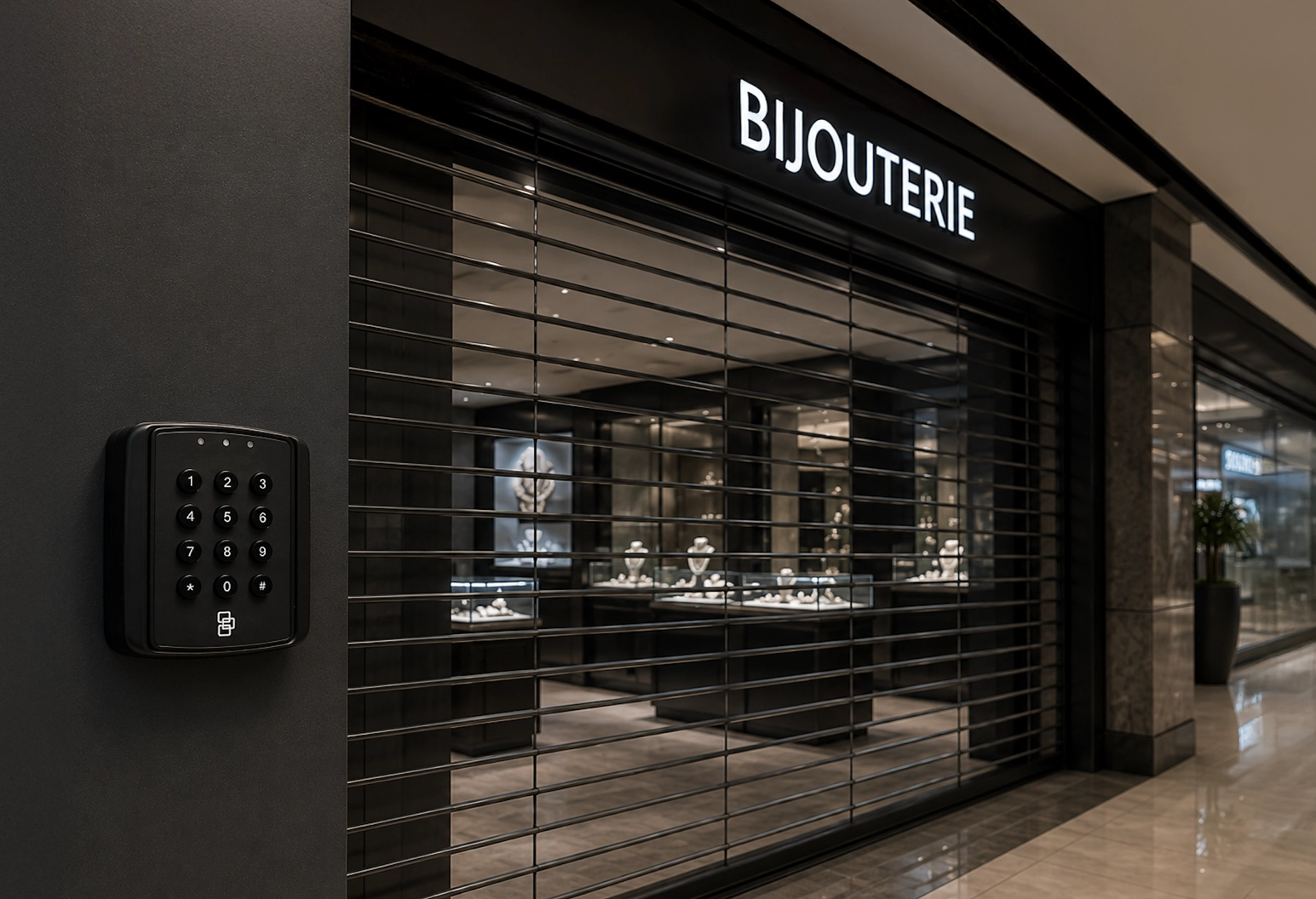 Bijouterie fermée, située derrière une grille de sécurité noire dotée d'un clavier à code sur le mur de gauche, avec une enseigne lumineuse « BIJOUTERIE » au-dessus de l'entrée.