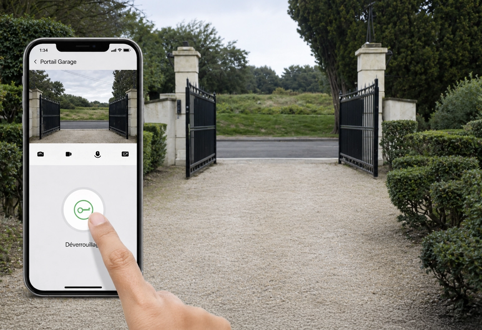Portail d'allée en métal noir ouvert, situé entre des piliers en pierre, avec une main appuyant sur le bouton de déverrouillage (vert) d'une application mobile affichant une vue en direct du portail.