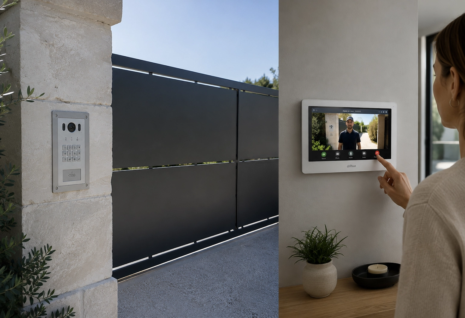 Une femme, à l'intérieur d'une maison moderne, utilise un visiophone mural pour parler à un homme visible sur l'écran ; celui-ci se trouve à l'extérieur, près d'un portail verrouillé équipé d'un clavier d'interphone.
