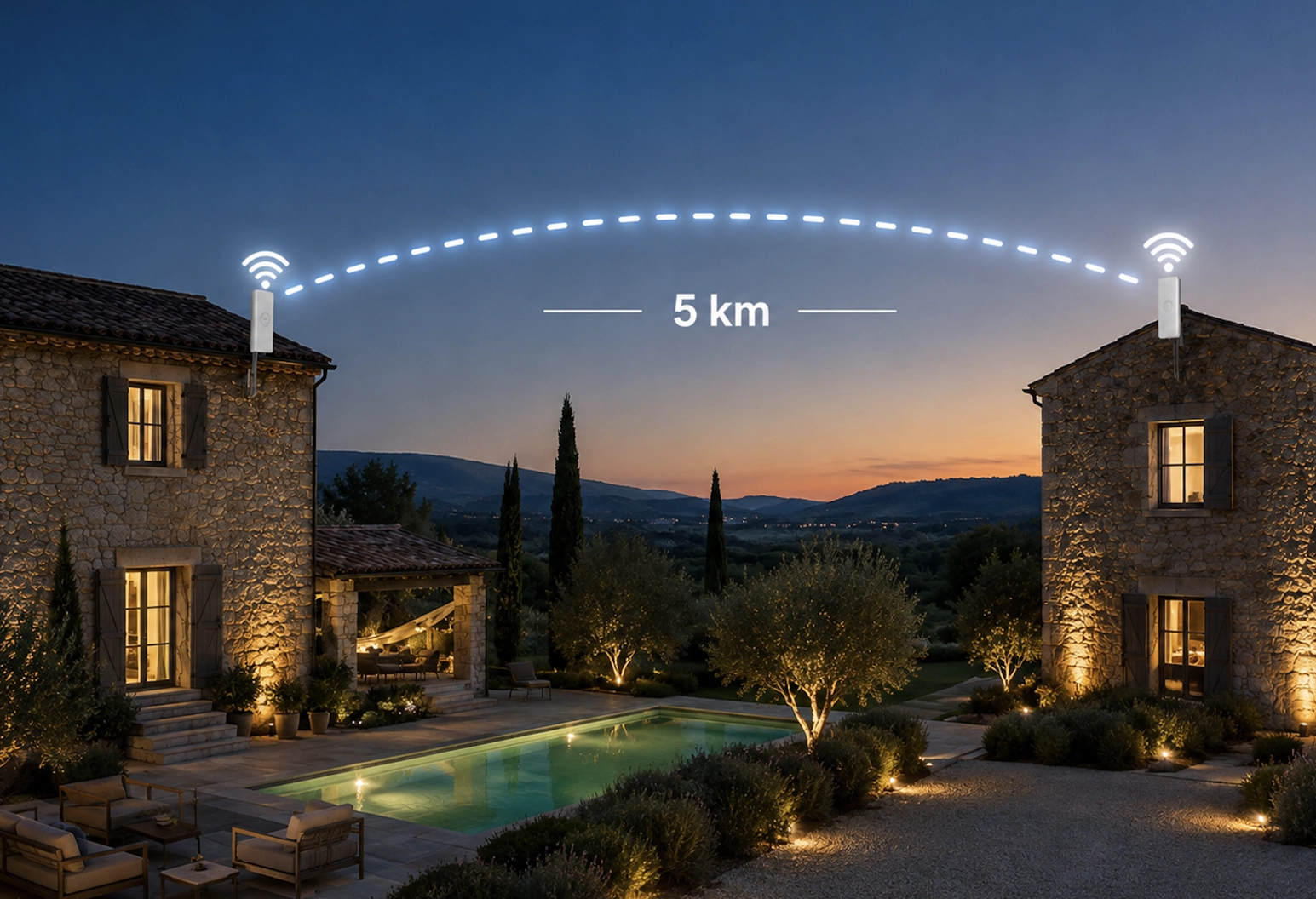 Deux maisons en pierre se faisant face au crépuscule, avec une piscine éclairée et un jardin entre elles, illustrant une liaison sans fil de 5 km reliant les équipements installés sur chaque maison.