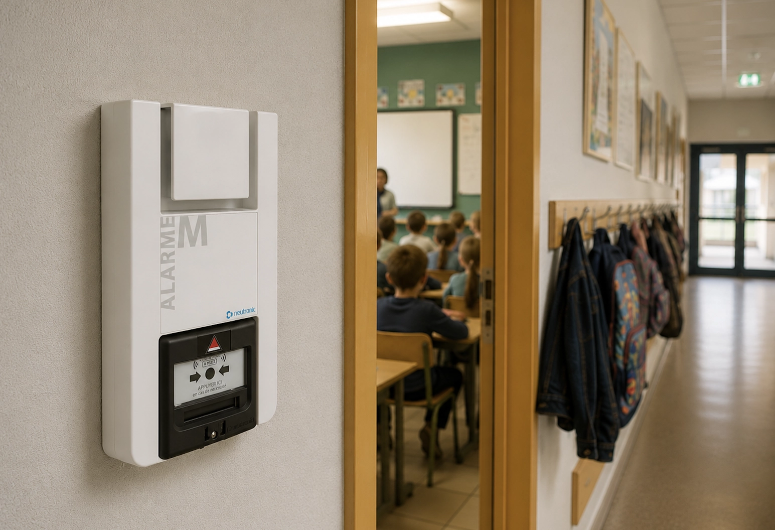 Boîtier d'alarme d'urgence blanc portant la mention « ALARME », fixé au mur dans un couloir d'école ; une salle de classe est visible à travers une porte ouverte, où des enfants sont assis face à un enseignant.