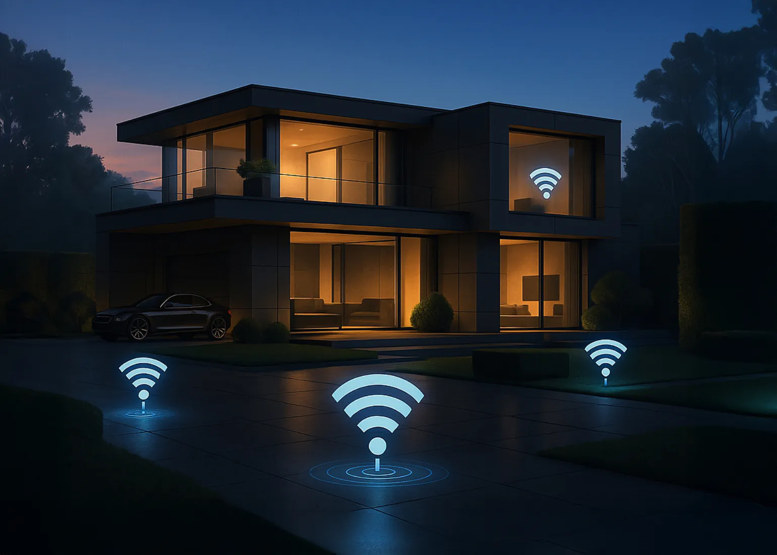 Maison moderne à deux étages au crépuscule, avec des intérieurs éclairés et trois symboles Wi-Fi lumineux indiquant une forte couverture du réseau sans fil autour de la propriété et à l'intérieur d'une pièce.
