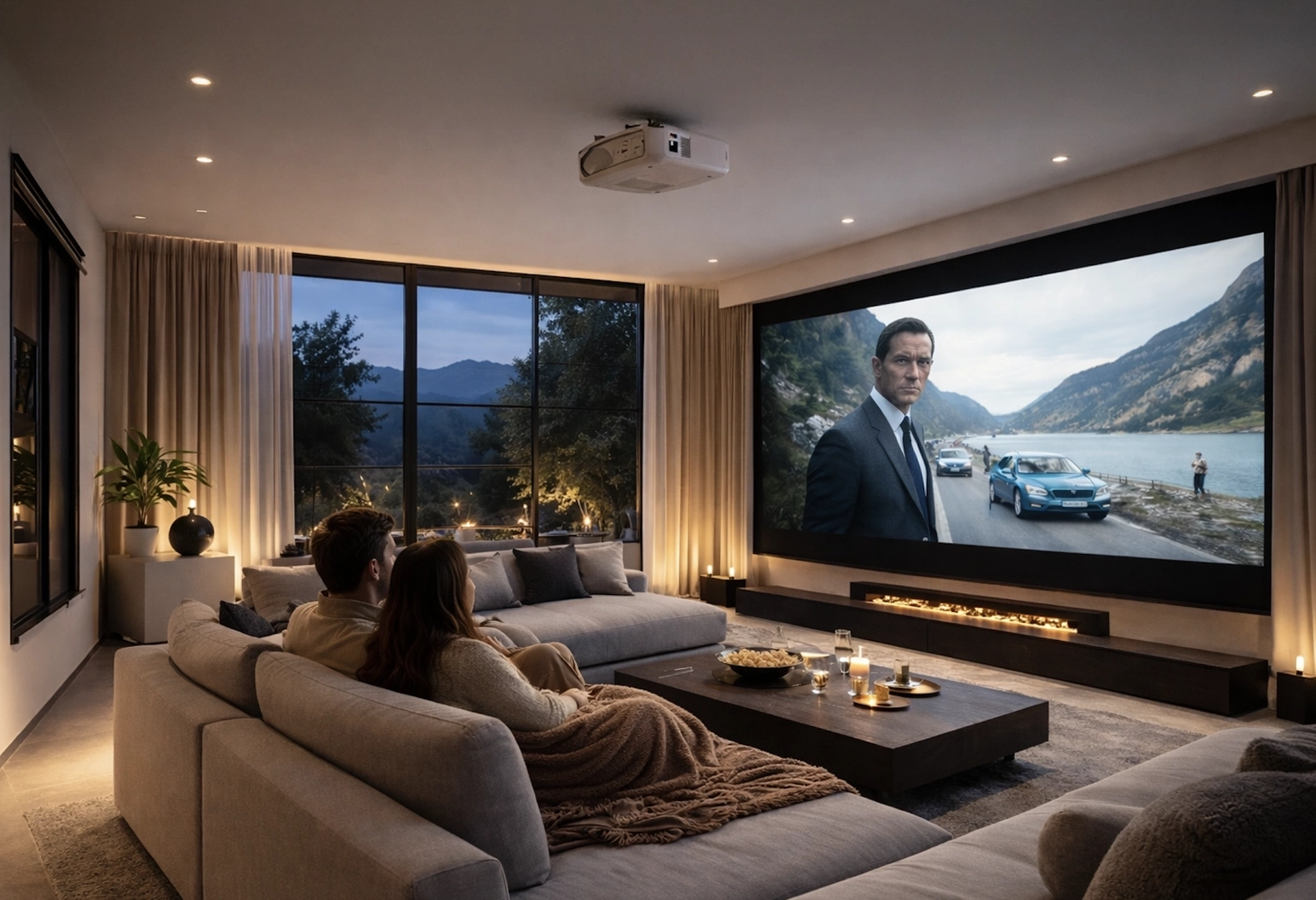 Un couple est assis sur un grand canapé d'angle beige dans un salon moderne et regarde un film projeté sur un grand écran mural à l'aide d'un projecteur au plafond. La pièce dispose de baies vitrées toute hauteur offrant une vue sur les montagnes au crépuscule, d'un éclairage d'ambiance chaleureux, d'une table basse en bois accueillant du pop-corn, des bougies et des boissons, ainsi que d'une cheminée linéaire encastrée sous l'écran.