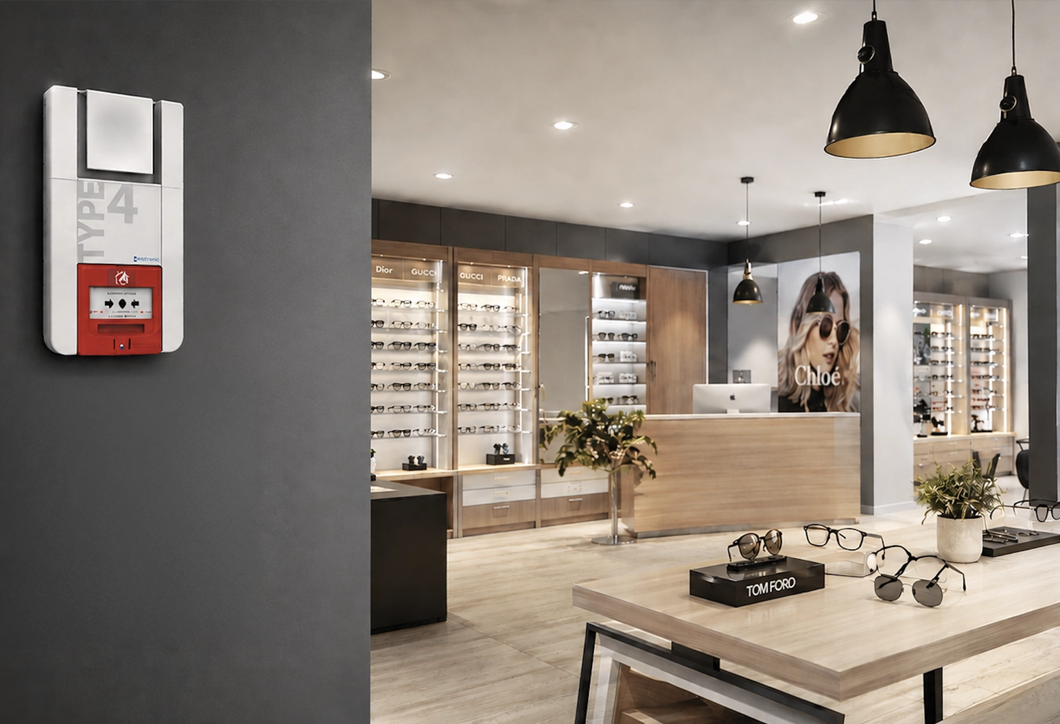 Intérieur moderne d'un magasin de lunettes avec des vitrines en bois présentant des modèles de marques telles que Dior, Gucci et Prada, un comptoir d'accueil équipé d'un ordinateur, ainsi qu'une table exposant des lunettes Tom Ford et des plantes en pot, le tout éclairé par des suspensions noires.
