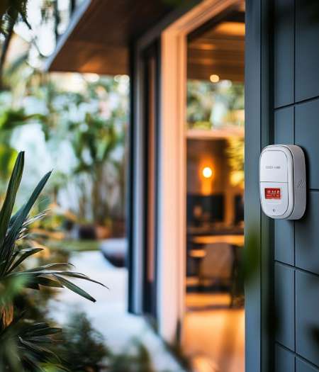 Un capteur d'alarme blanc fixé sur le mur extérieur, près de l'entrée ouverte d'une maison moderne où l'on aperçoit des plantes et un éclairage intérieur chaleureux.