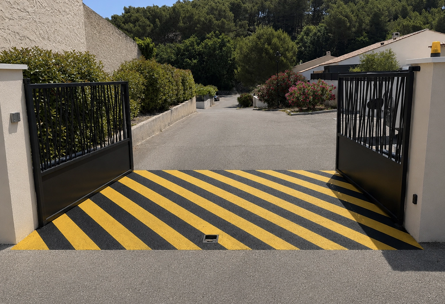 Portail noir en métal à barreaux verticaux situé de part et d'autre d'une allée ; marquages ​​de sécurité à rayures jaunes et noires peints au sol entre les vantaux, le tout bordé de murs blancs et de verdure.