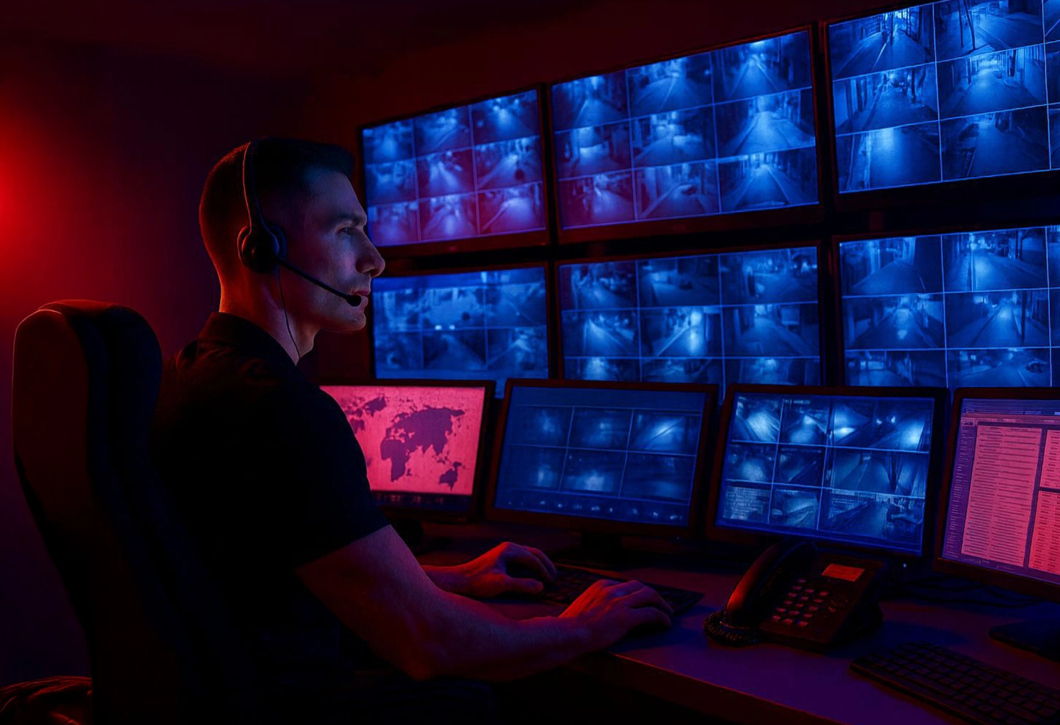 Un homme portant un casque surveille plusieurs flux de caméras de sécurité affichés sur plusieurs écrans, dans une salle de contrôle faiblement éclairée par des lumières rouges et bleues.