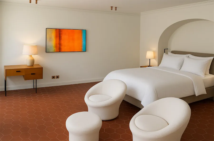 Chambre minimaliste dotée d'un grand lit habillé de linge blanc, placé contre une niche murale incurvée ; deux fauteuils blancs à coussins accompagnés d'un pouf assorti reposent sur un sol en carreaux hexagonaux en terre cuite ; des tables d'appoint en bois supportent des lampes, tandis qu'une peinture abstraite colorée orne un mur blanc uni.