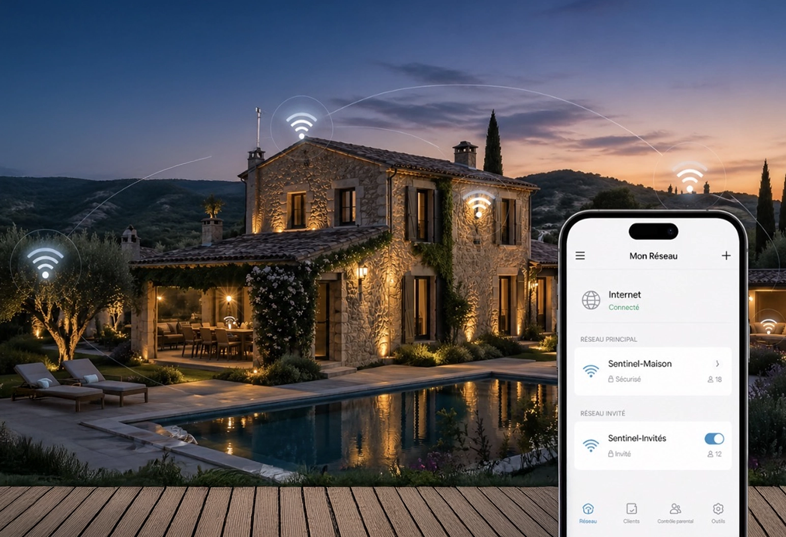 Maison en pierre illuminée avec piscine extérieure au crépuscule, entourée de collines, affichant une superposition de signaux Wi-Fi provenant de plusieurs points autour de la maison et du jardin, ainsi que l'écran d'un smartphone présentant une application de gestion réseau indiquant « Internet Connecté » et deux réseaux Wi-Fi nommés « Sentinel-Maison » (sécurisé) et « Sentinel-Invités » (invités), avec le nombre d'utilisateurs et des interrupteurs de commande.