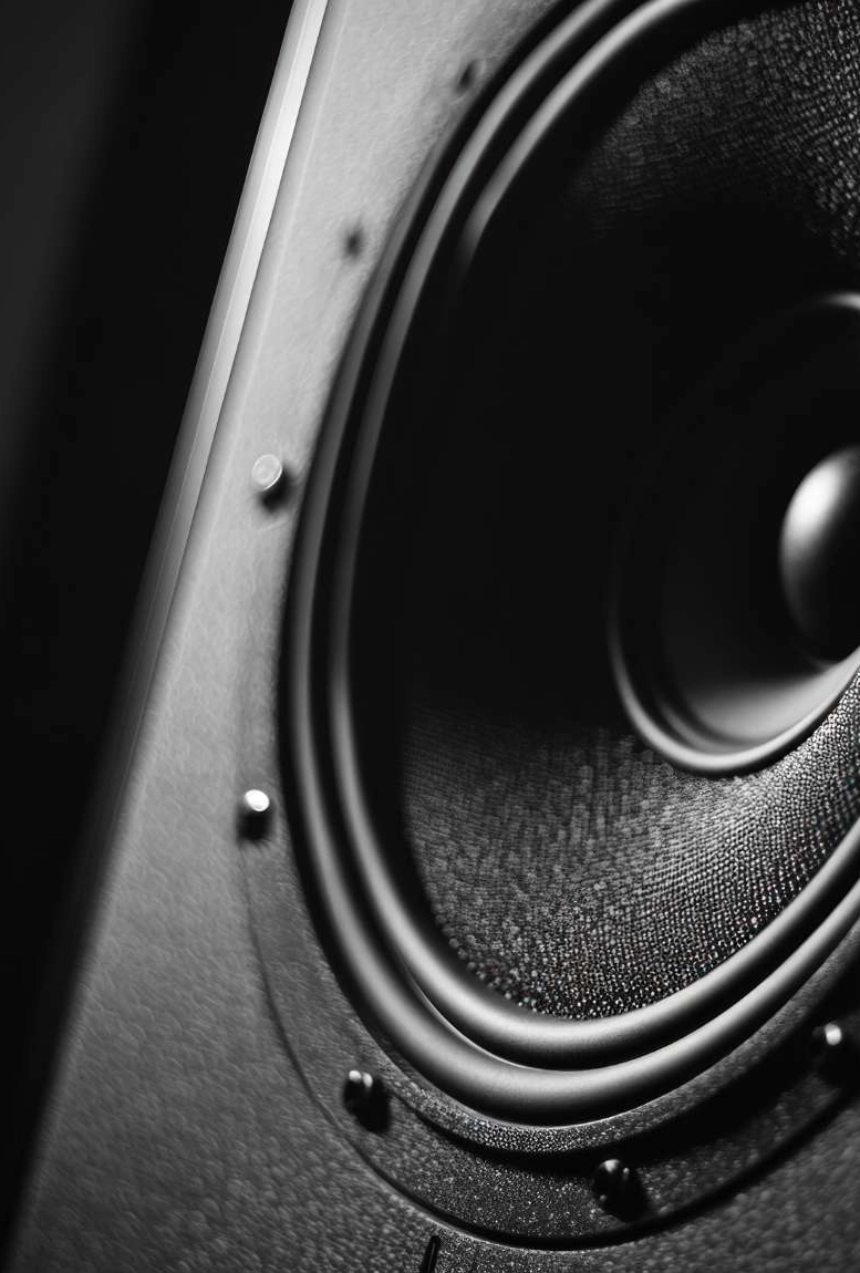 Gros plan en noir et blanc d'une membrane de haut-parleur, montrant la texture du matériau et les vis de fixation.