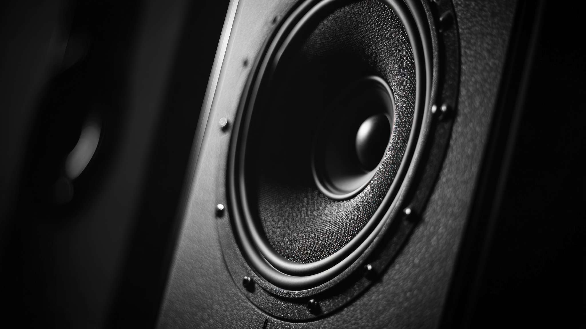 Gros plan en noir et blanc d'une membrane de haut-parleur avec une suspension texturée et un dôme central, montée sur une enceinte.