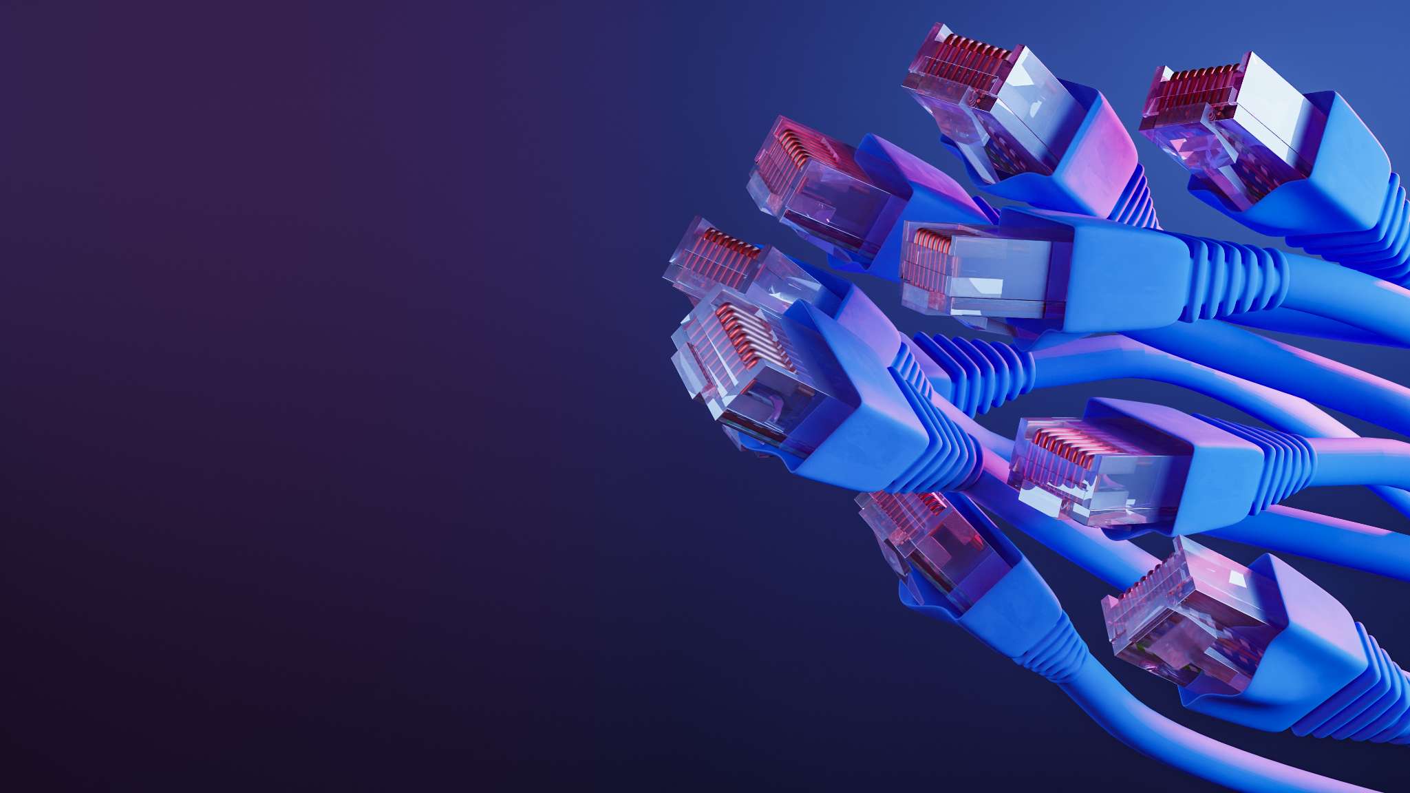 Groupe de câbles Ethernet bleus dotés de connecteurs RJ45 transparents, sur un fond en dégradé de violet foncé et de bleu.